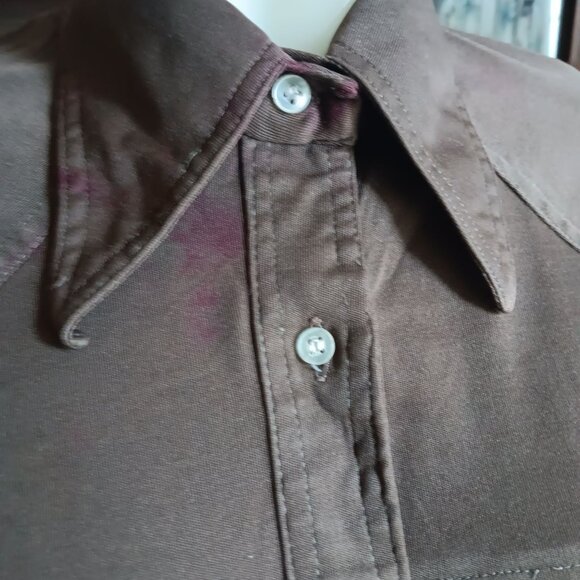 Medium Vintage 1970s Disco Top Chocolate Brown Button-Up Hippy Mom Shirt Collar - Picture 3 of 6